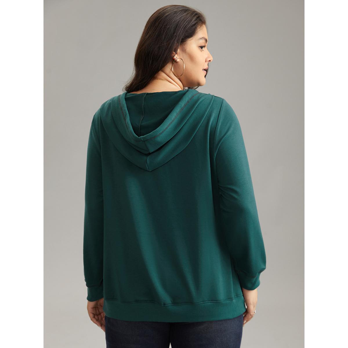 Plus Size Ditsy Floral Ties Hooded Kangaroo Pocket Sweatshirt Women Cyan Casual Contrast Hooded Dailywear Sweatshirts BloomChic 18-20/2X Product Image