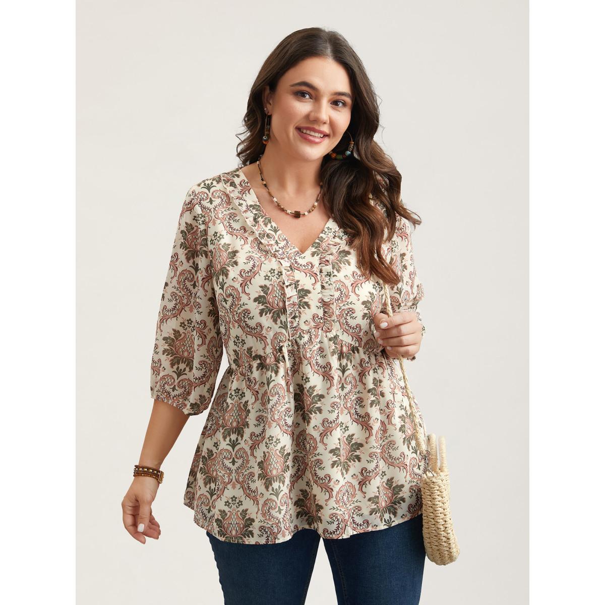 Plus Size Beige Ornate Print Stretchy Waist Lined Shirt Women Resort Elbow-length sleeve Deep V-neck Vacation Blouses BloomChic 10/M Product Image
