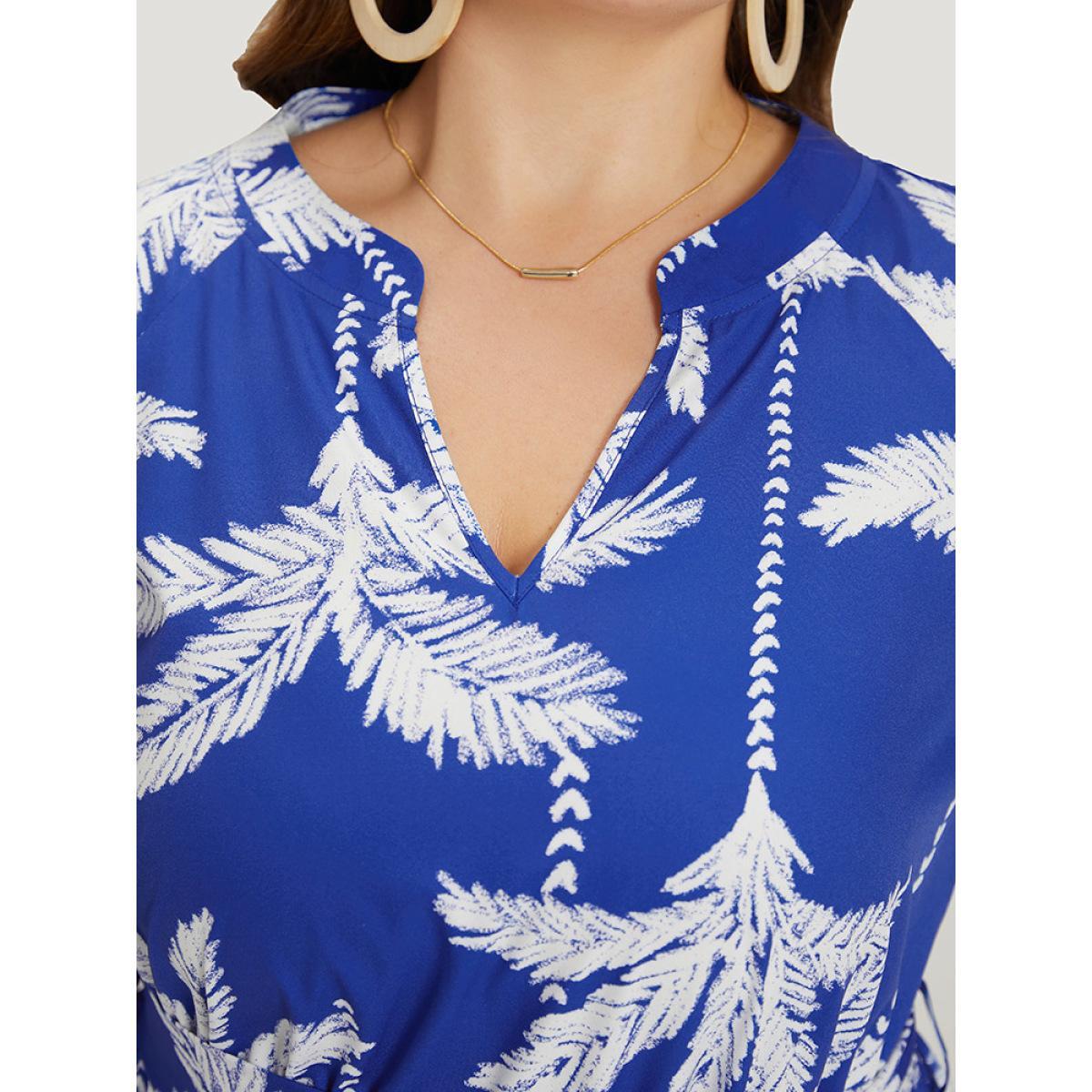 Plus Size Plants Print Notched Pocket Elastic Cuffs Dress Blue Women Vacation Elastic cuffs Notched collar Half Sleeve Curvy Midi Dress BloomChic 14-16/1X Product Image