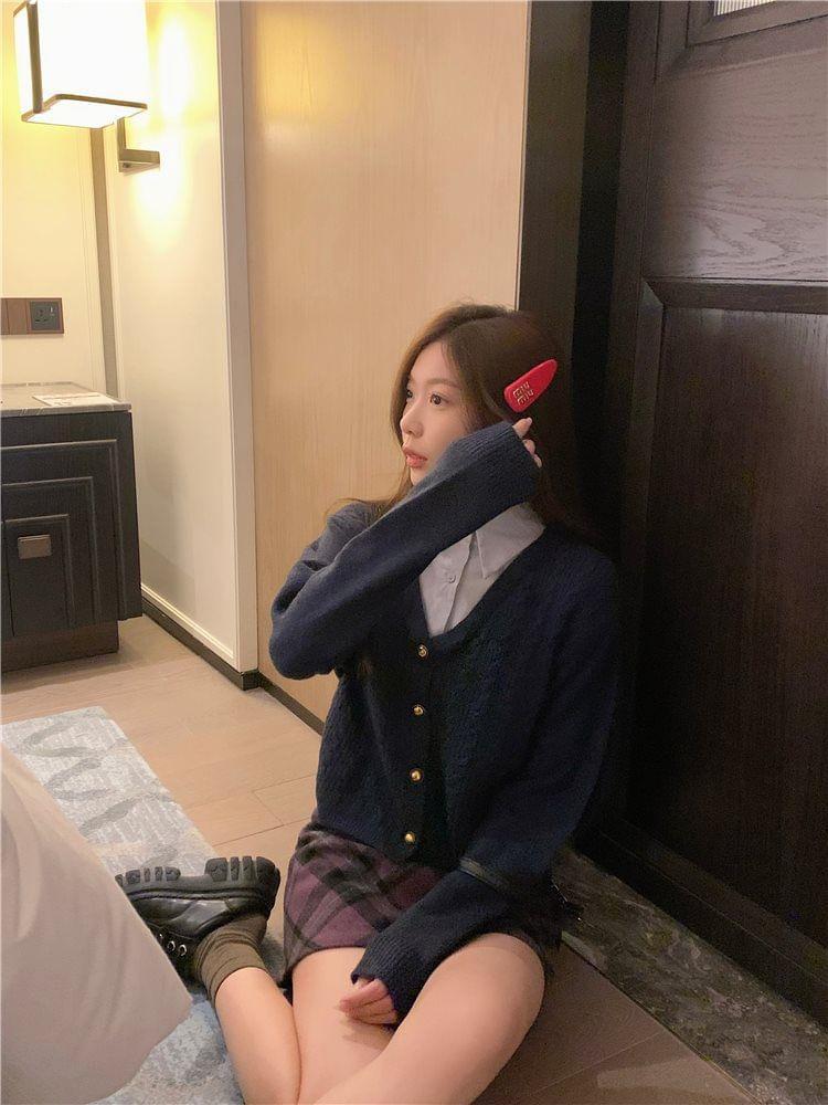 Mock Two-Piece Collar Cable Knit Cardigan / High Rise Plaid Mini Pencil Skirt Product Image