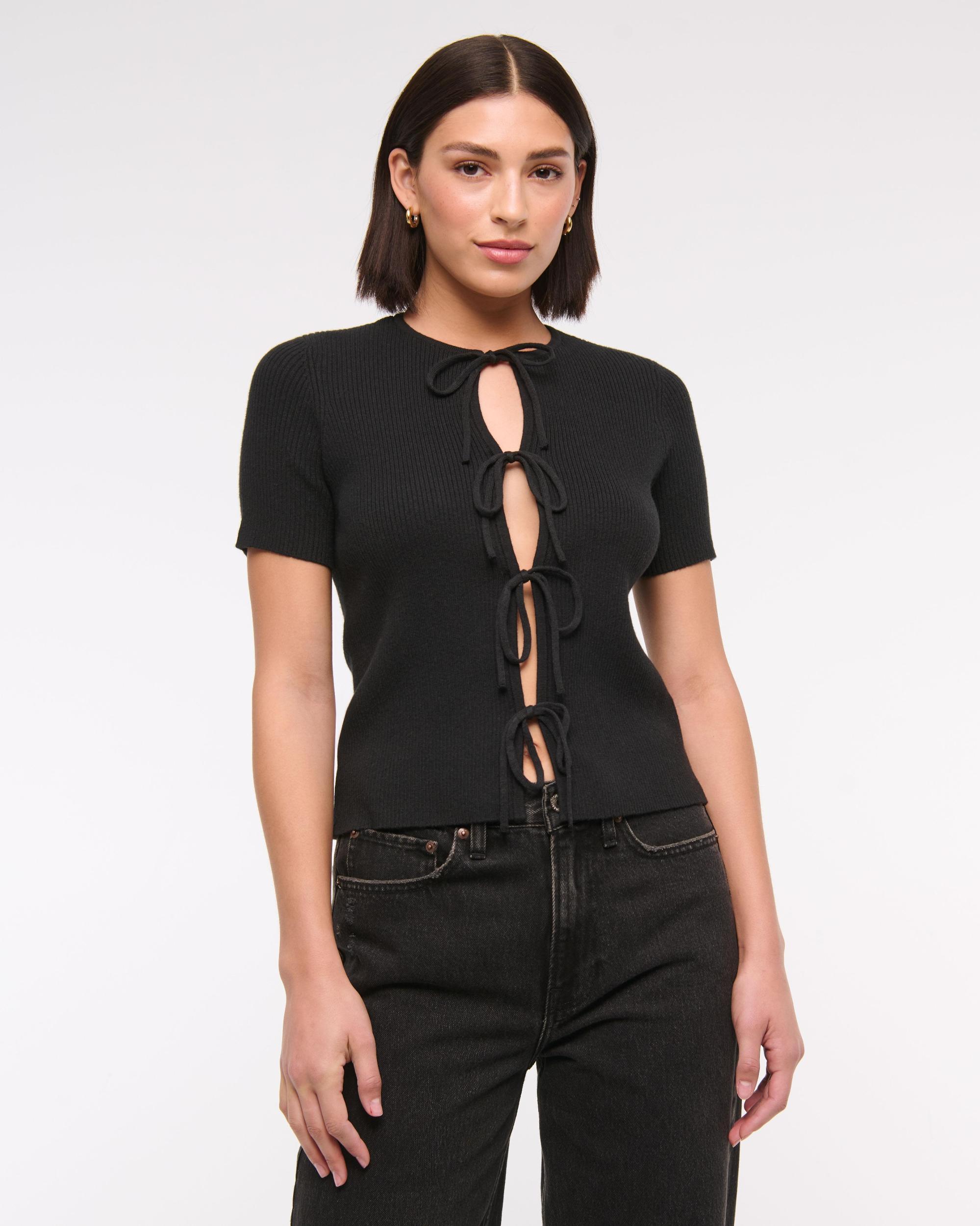Short-Sleeve Tie-Front Cardigan Product Image
