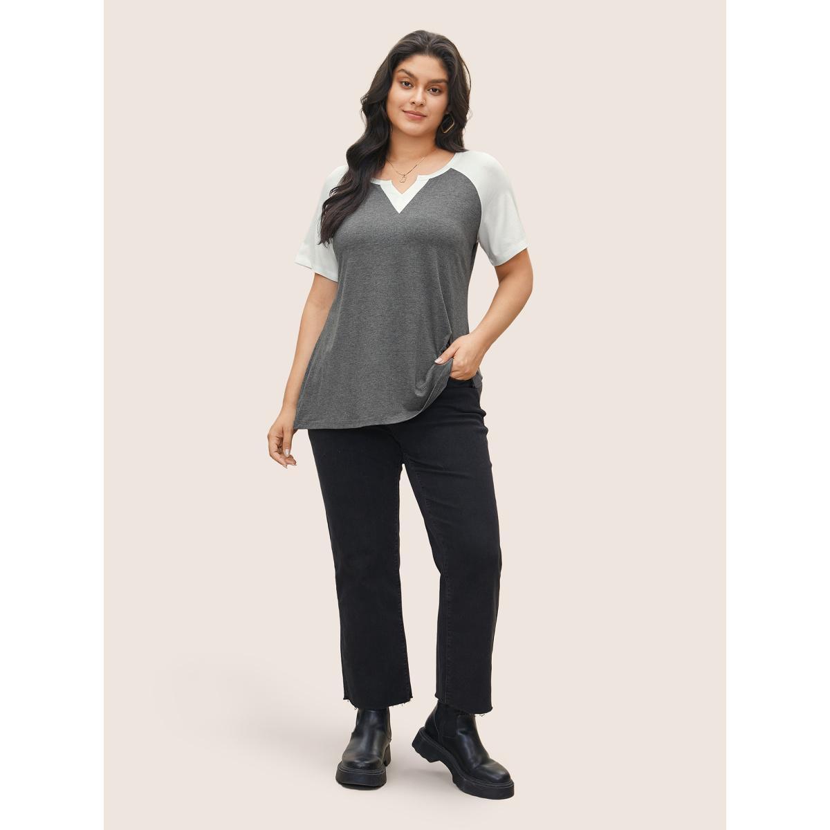 Plus Size Colorblock Contrast Notched Raglan Sleeve T-shirt DimGray Women Casual Plain Everyday T-shirts BloomChic 18-20/2X Product Image
