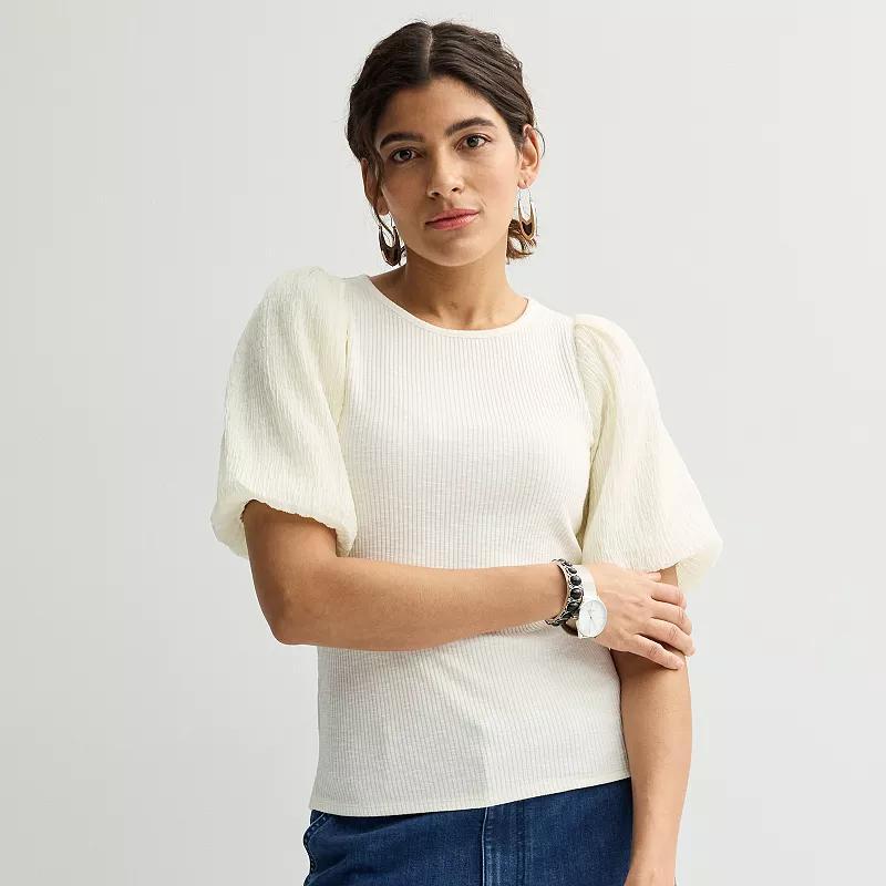 Women's Nine West Ribbed Top with Textured Sleeves, Size: Large, Daisy Dew Product Image
