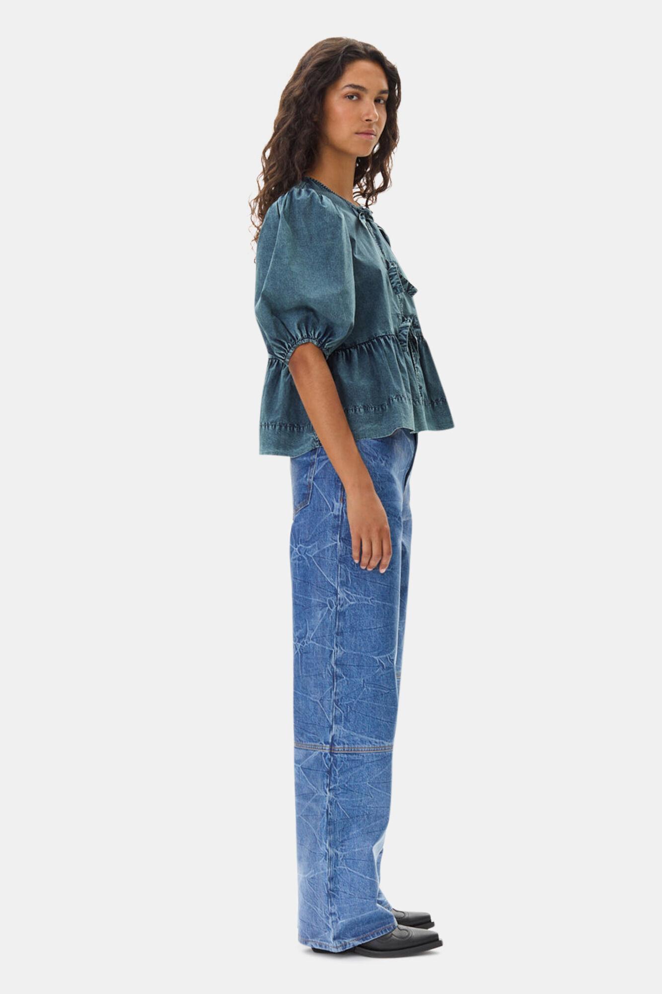 Blue Cotton Poplin Peplum Tie Blouse Product Image