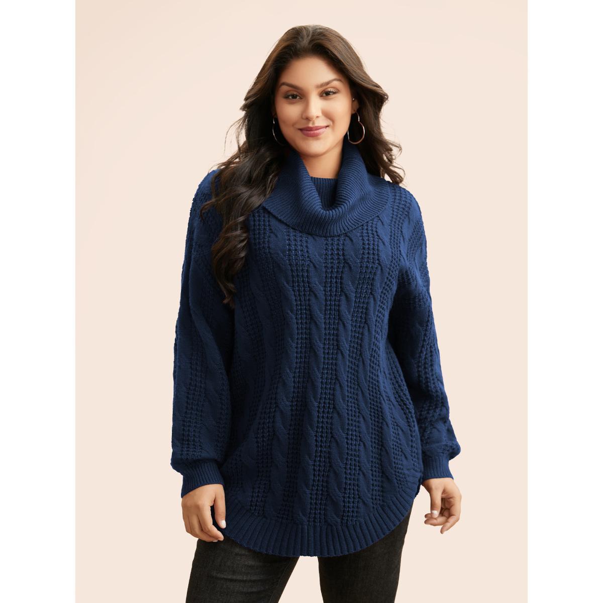 Plus Size Turtleneck Cable Knit Curved Hem Pullover DarkGreen Women Casual Loose Long Sleeve Turtleneck Everyday Pullovers BloomChic 22-24/3X Product Image