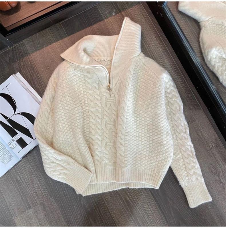 Stand Collar Plain Cable Knit Half-Zip Sweater Product Image