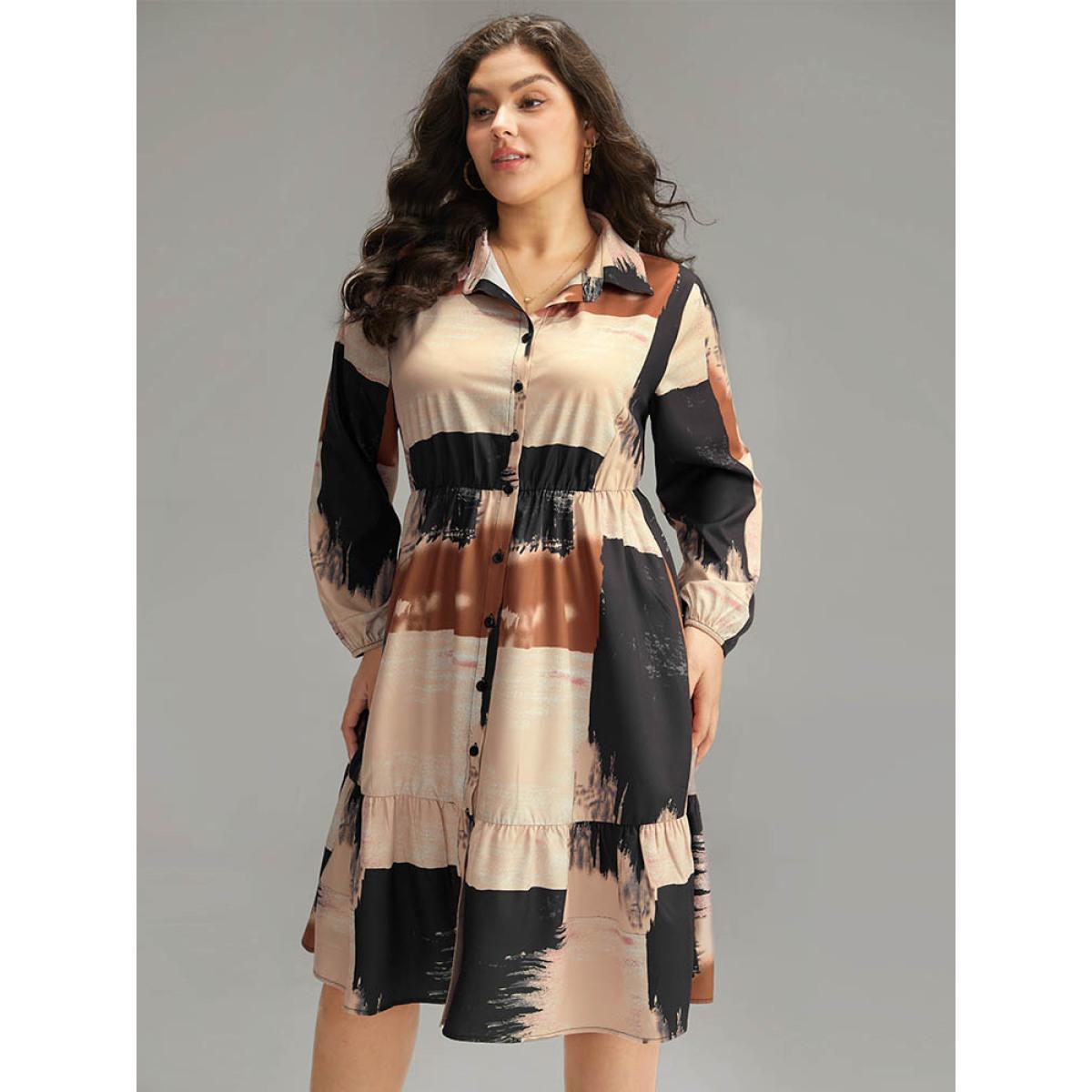 Plus Size Brush Print Contrast Elastic Waist Button Through Dress Multicolor Women Office Elastic cuffs Shirt collar Long Sleeve Curvy Midi Dress BloomChic 12/L Product Image