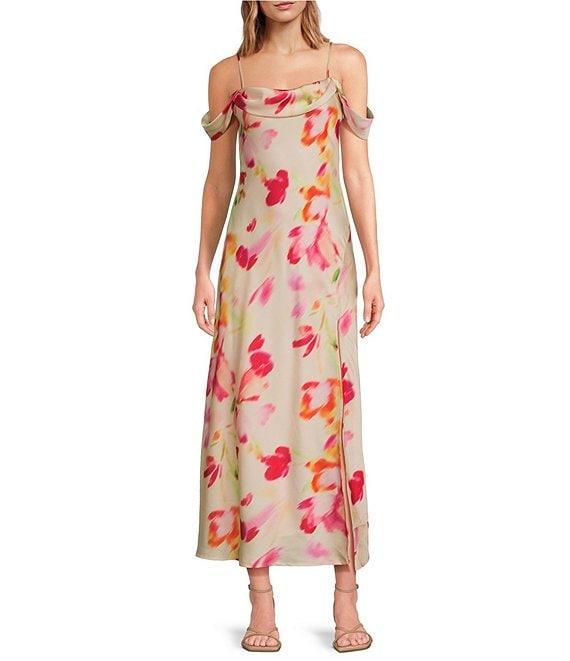 ASTR the Label Kitura Watercolor Print Cowl Neck Cold Shoulder Dress Product Image