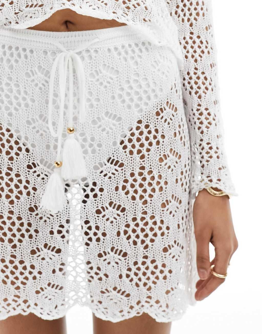 Miss Selfridge crochet flippy mini skirt set in cream Product Image