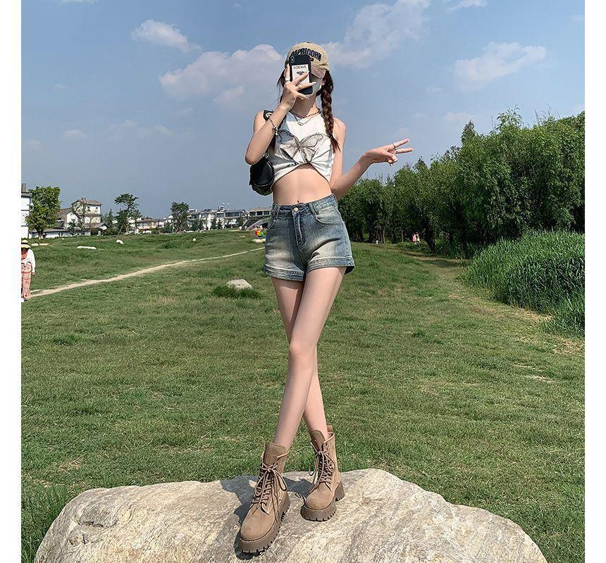 High Waist Washed Denim Shorts Product Image