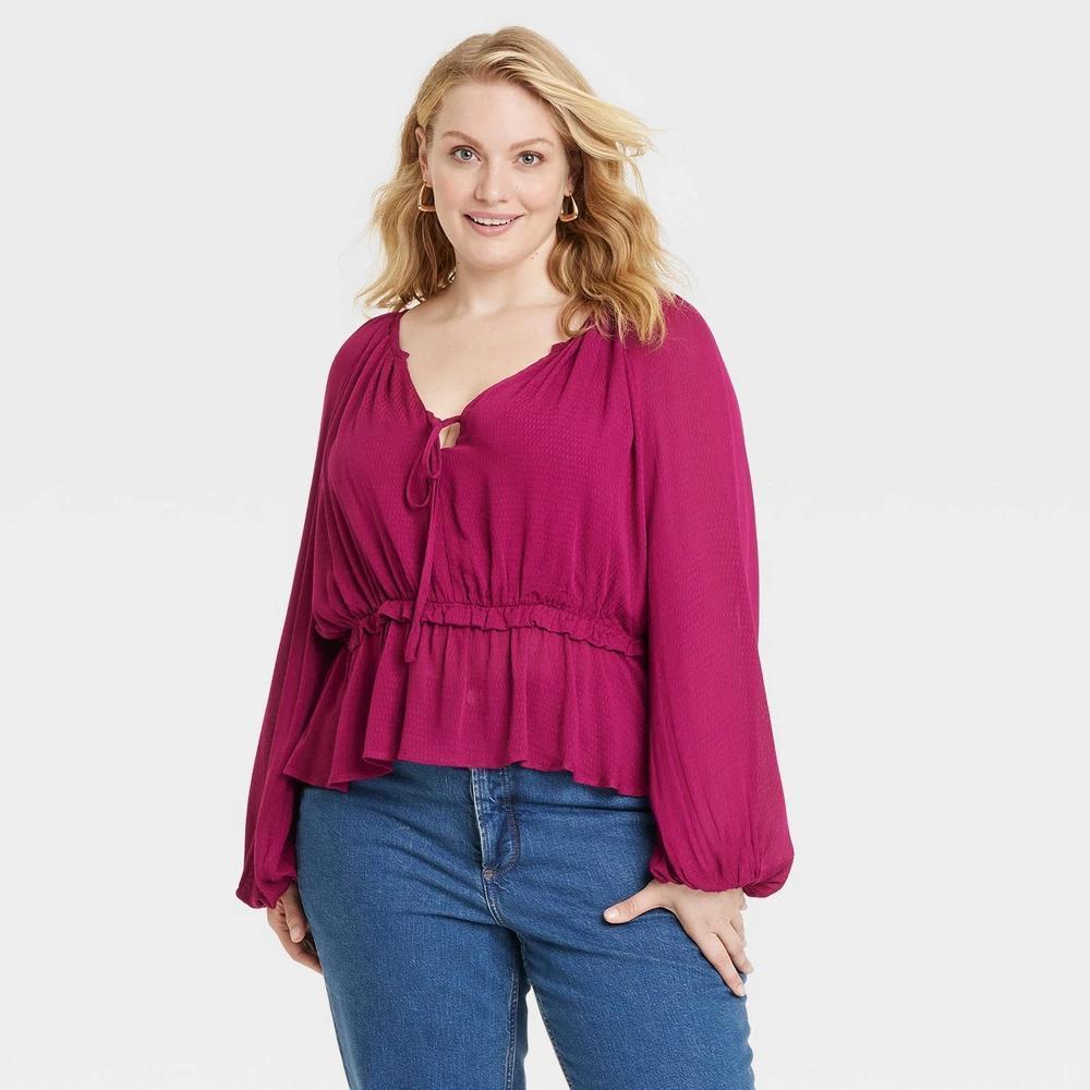 Womens Long Sleeve Tie-Front Peplum Blouse - Universal Thread Maroon 3X Product Image