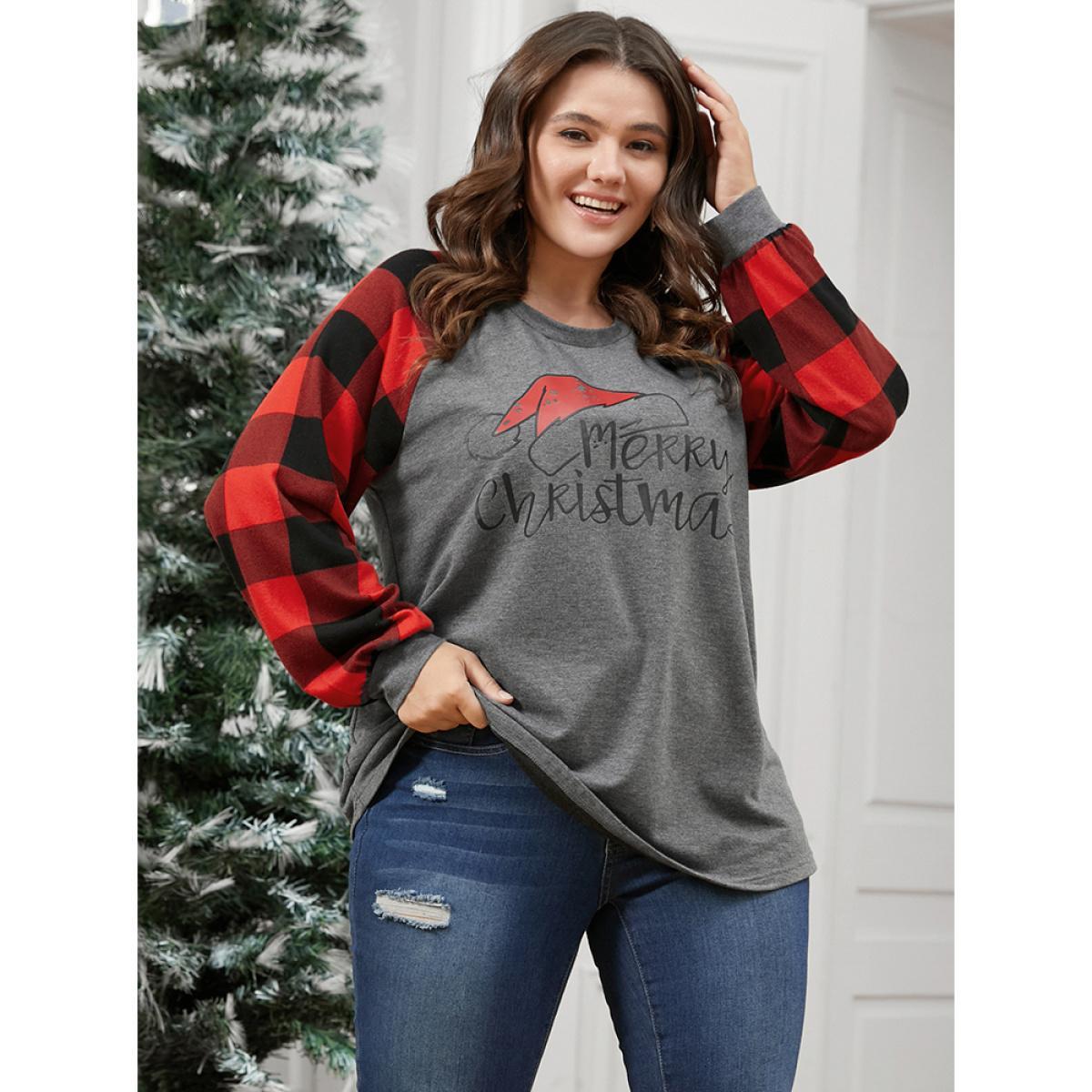 Plus Size Letter Print Round Neck Plaid Long Tee Gray Women Elegant Printed Graphic-Christmas Dailywear T-shirts BloomChic 12/L Product Image