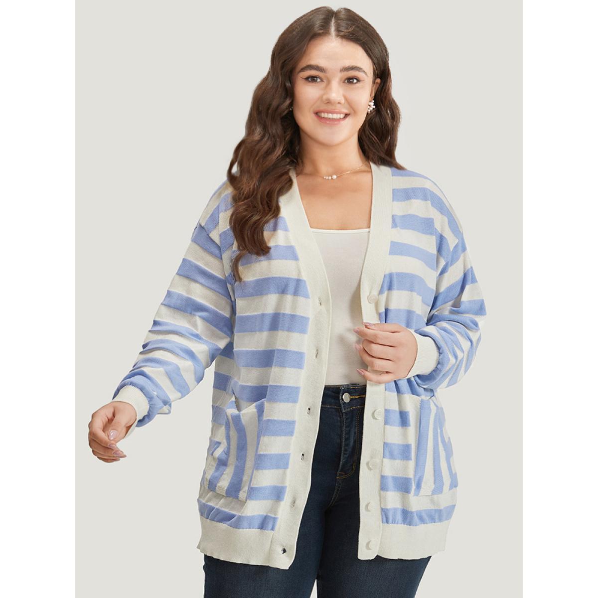 Plus Size Striped Button Down Patched Pocket Cardigan LightBlue Women Casual Loose Long Sleeve Everyday Cardigans BloomChic 12/L Product Image