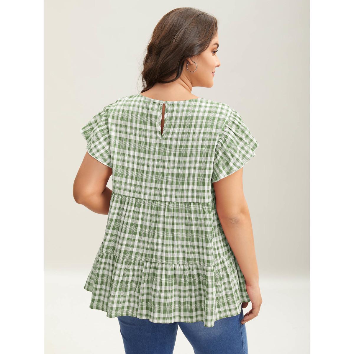 Plus Size Greenbean Plaid Print Textured Lotus Leaf Sleeve Shirt Women Casual Cap Sleeve Round Neck Everyday Blouses BloomChic 14-16/1X Product Image