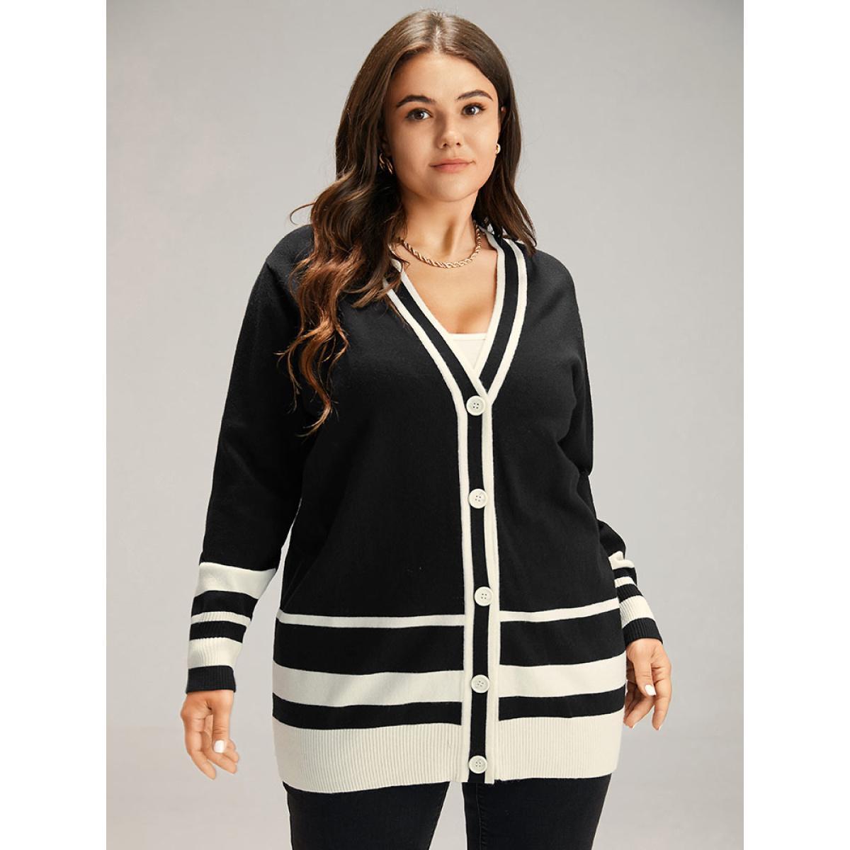 Plus Size Supersoft Essentials Anti-Pilling Contrast Button Up Cardigan Black Women Casual Loose Long Sleeve Dailywear Cardigans BloomChic 30/6X Product Image