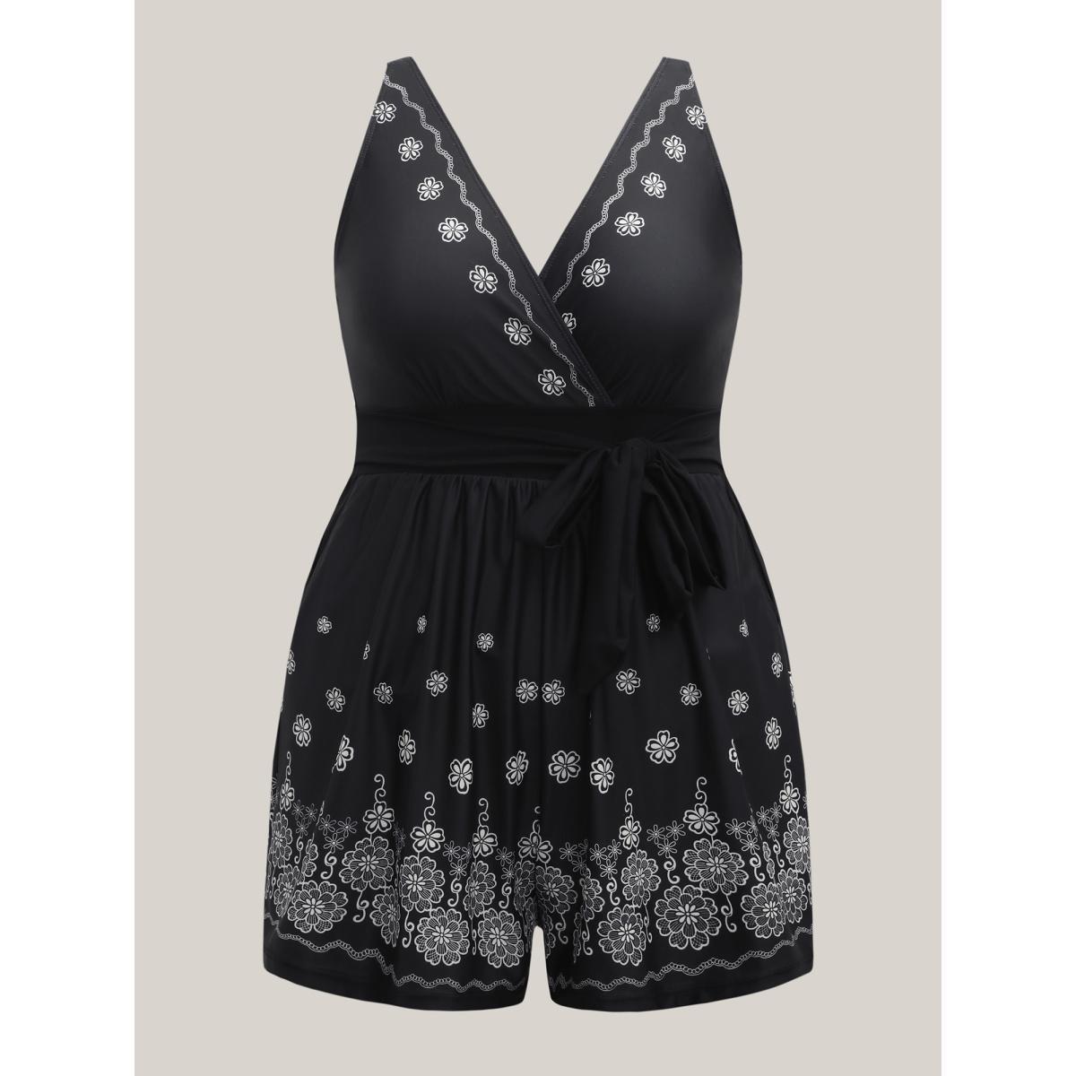 Plus Size Boho Print Pockets Belted One-Piece Swimsuit Women's Swimwear Black Beach Tie knot Curve Bathing Suits High stretch One Pieces BloomChic 14-16/1X Product Image