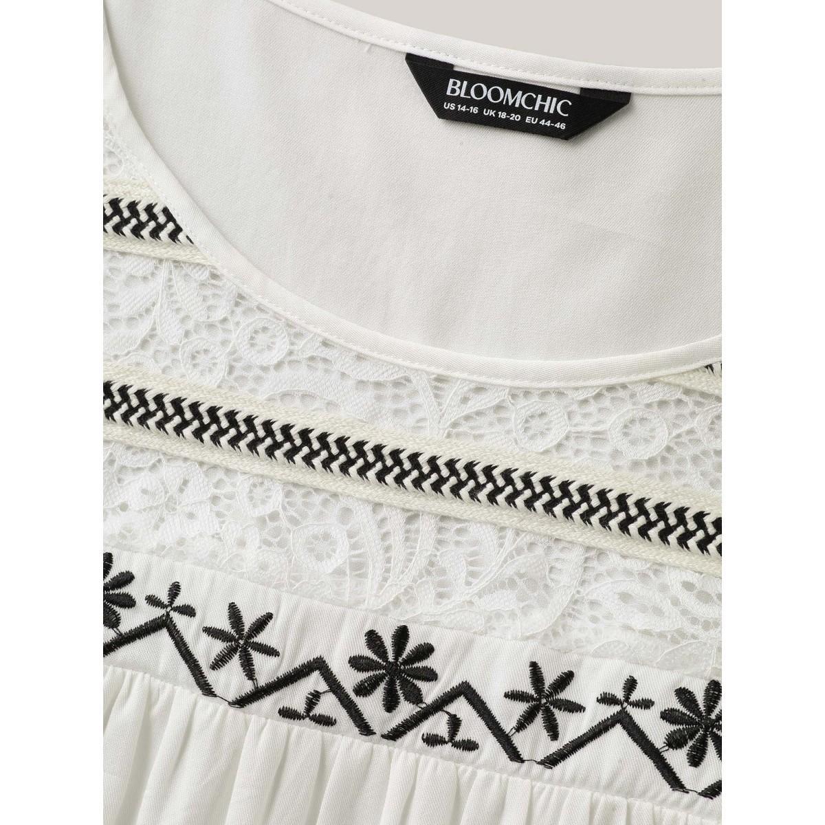 Plus Size WhiteSmoke Stretchy Boho Neck Cut-Out Blouse Women Short sleeve Round Neck Vacation Blouses BloomChic 28/5X Product Image