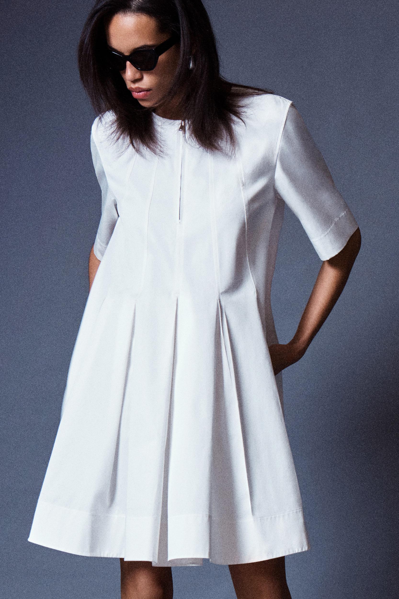 PLEATED ZIP UP COTTON MINI DRESS Product Image