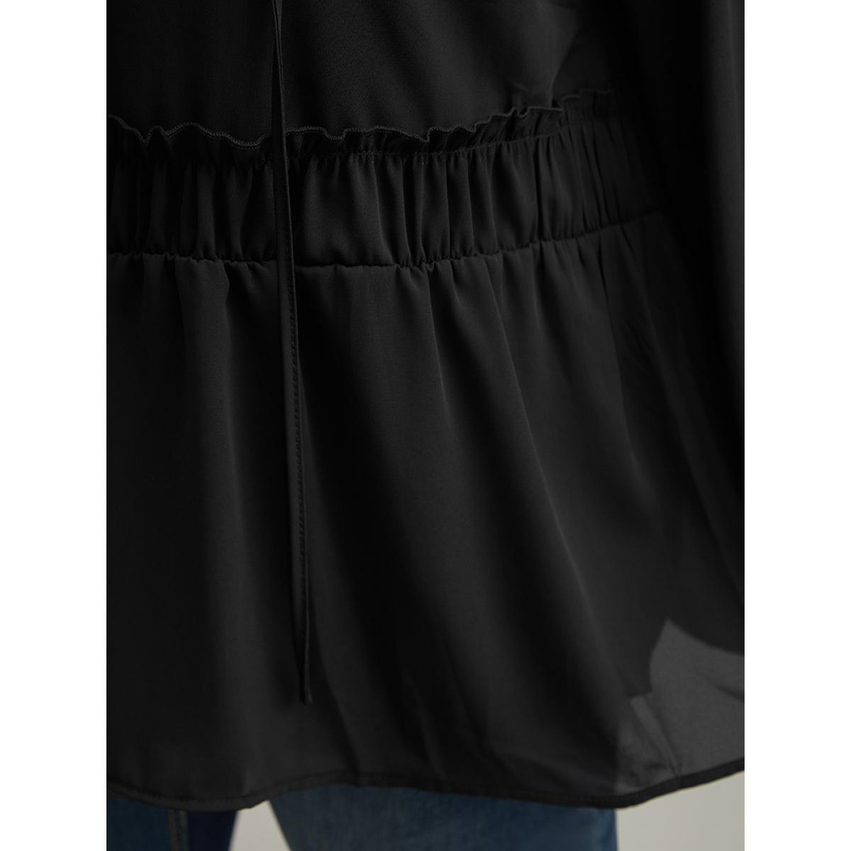 Plus Size Black Anti-Wrinkle Plain Shirred Frill Trim Gathered Tie Neck Blouse Women Casual Long Sleeve Tie Neck Everyday Blouses BloomChic 30/6X Product Image