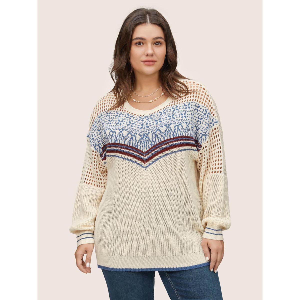 Plus Size Graphic Contrast Patchwork Hollow Out Pullover Beige Women Casual Long Sleeve Round Neck Everyday Pullovers BloomChic 26/4X Product Image