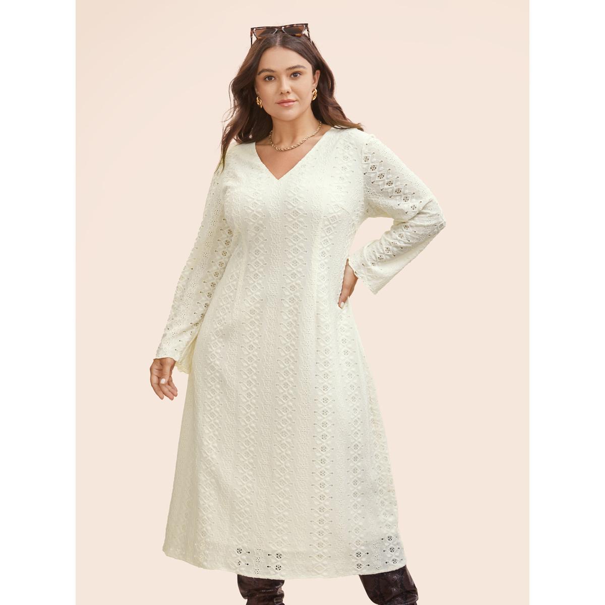 Plus Size Solid V Neck Broderie Anglaise Dress Ivory Women Casual Texture V-neck Extra Long Sleeve Curvy BloomChic 18-20/2X Product Image