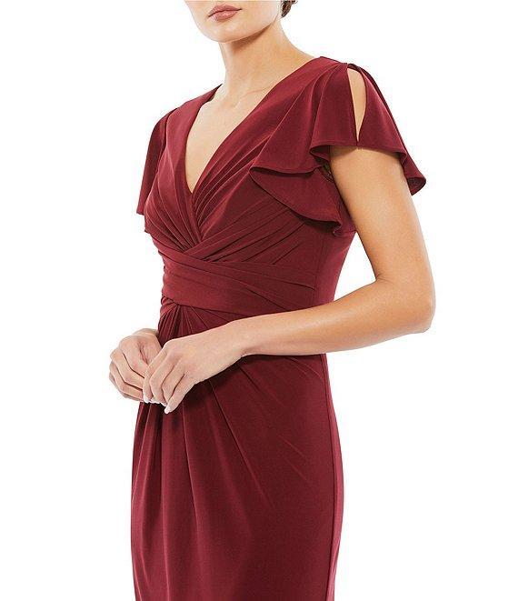 Mac Duggal V-Neck Short Flounce Sleeve Sheath Midi Dress Product Image