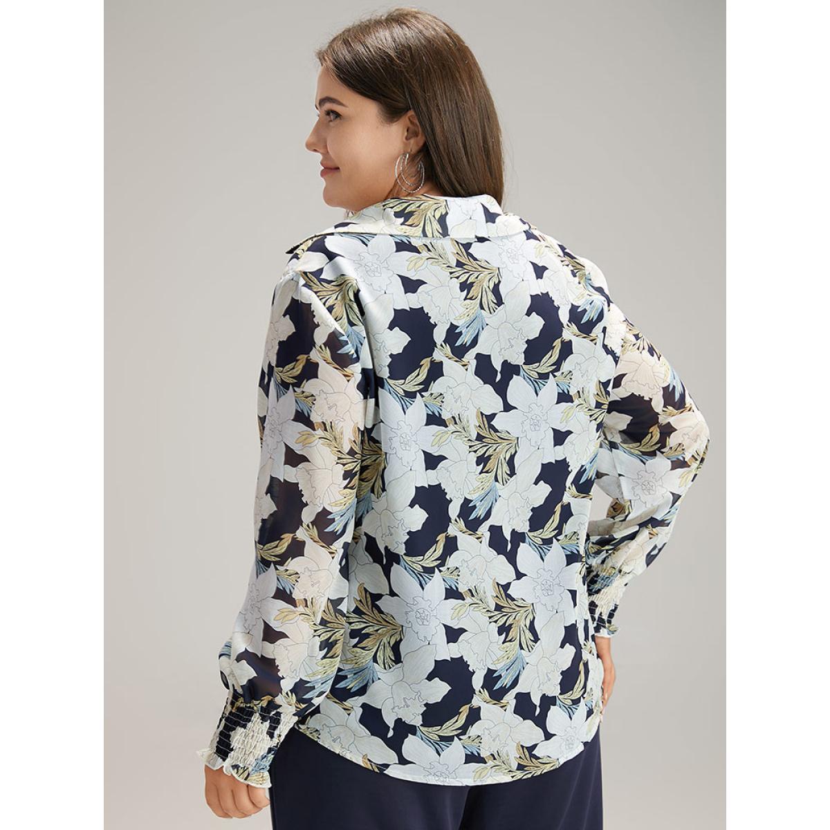 Plus Size DarkBlue Chiffon Silhouette Floral Print Shirred Frill Trim Blouse Women Elegant Long Sleeve V-neck Dailywear Blouses BloomChic 26/4X Product Image