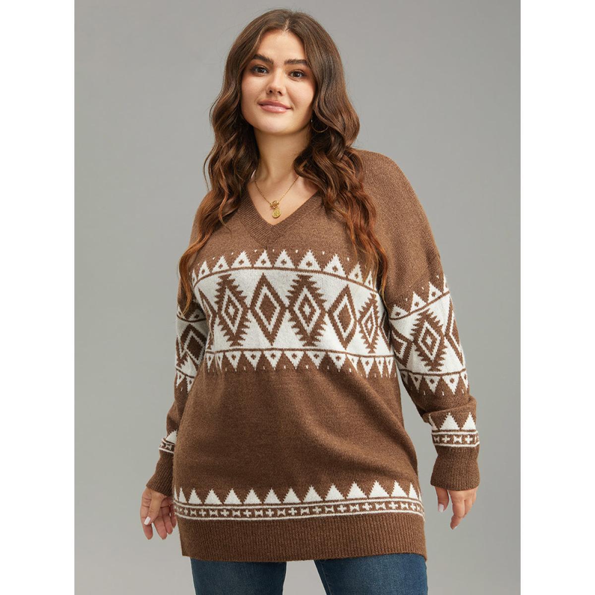 Plus Size Anti-Pilling Bandana Print V Neck Pullover Bronze Women Casual Loose Long Sleeve V-neck Everyday Pullovers BloomChic 22-24/3X Product Image