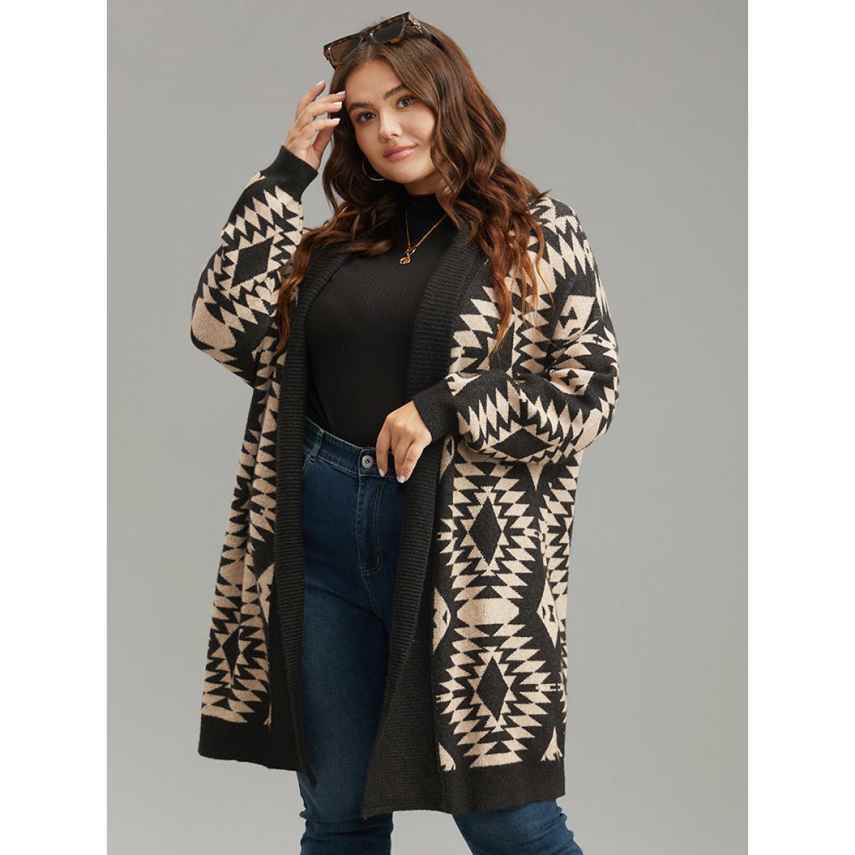 Plus Size Anti-Pilling Supersoft Essentials Geo Lapel Collar Cardigan Black Women Casual Loose Long Sleeve Everyday Cardigans BloomChic 10/M Product Image