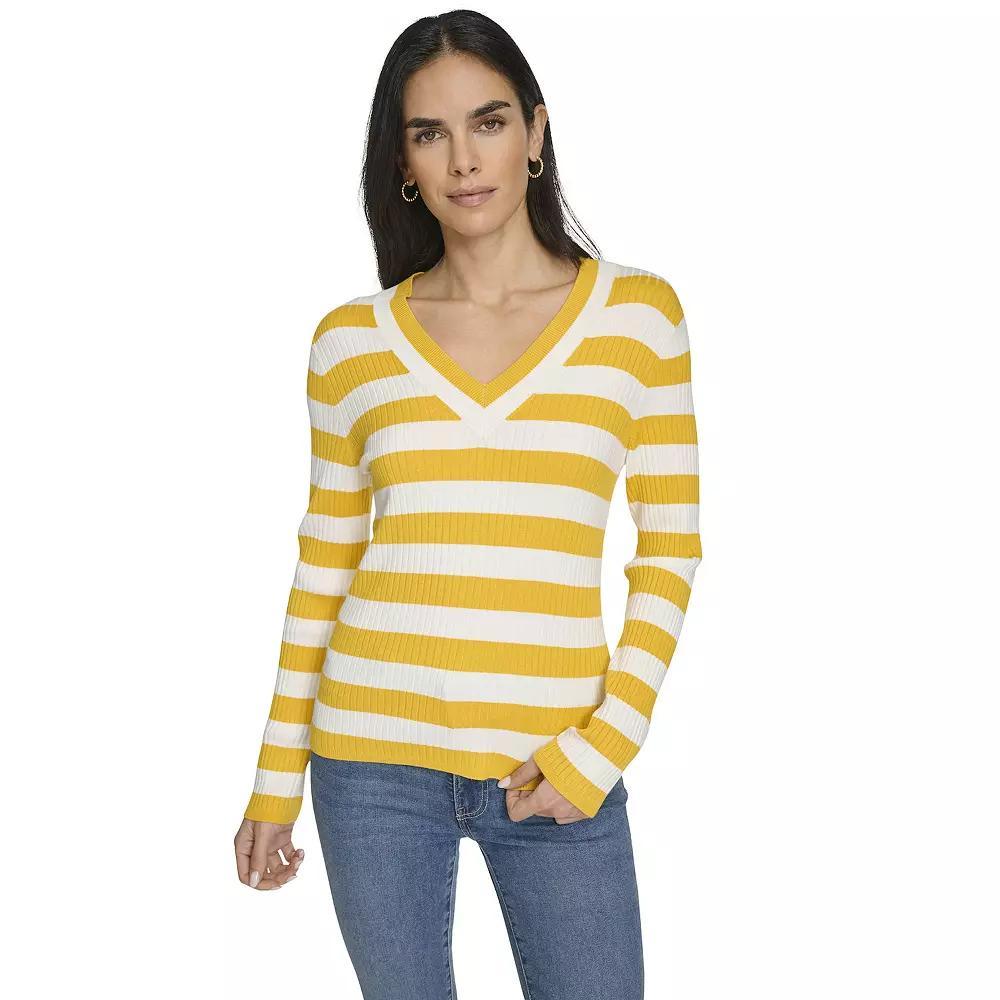 Women's Nautica Striped V-Neck Sweater, Size: Medium, Gold Stripe Product Image