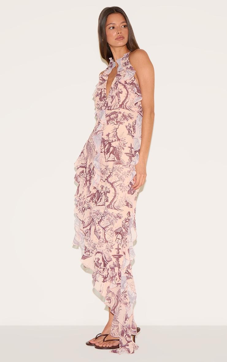 Stone Chiffon Print Frill Detail Plunge Midaxi Dress Product Image