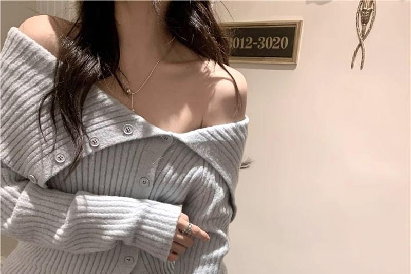 Long Sleeve Off-Shoulder Plain Ribbed-Knit Slim-Fit Sweater Product Image