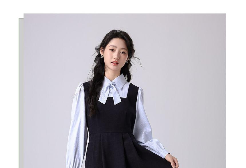 Long-Sleeve Collared Mock Two-Piece Striped Panel Pleated Midi A-Line Dress Product Image