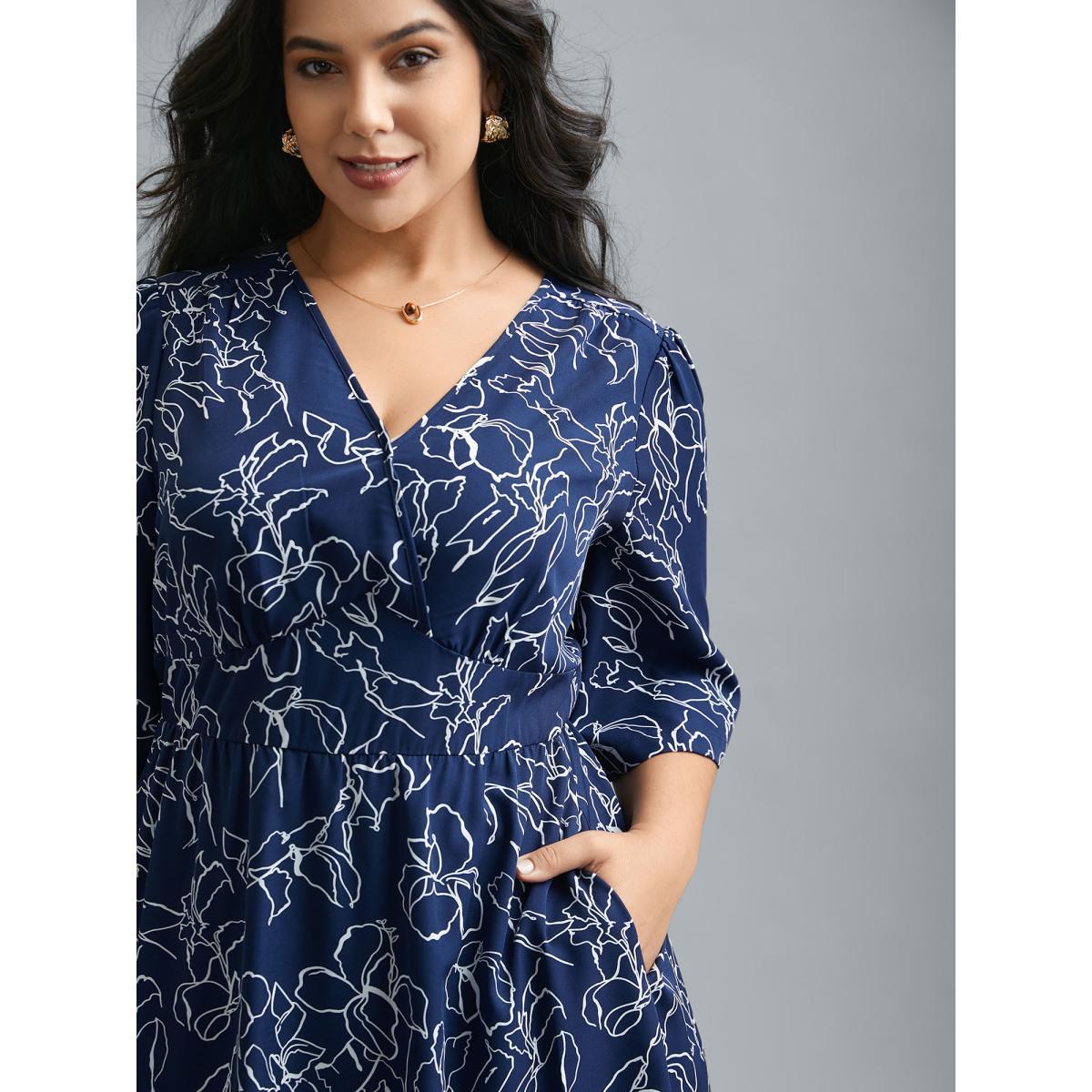 Plus Size Surplice Neck Abstract Print Fit Midi Dress Navy Women At the Office Gathered Overlap Collar Elbow-length sleeve Curvy BloomChic 26/4X Product Image