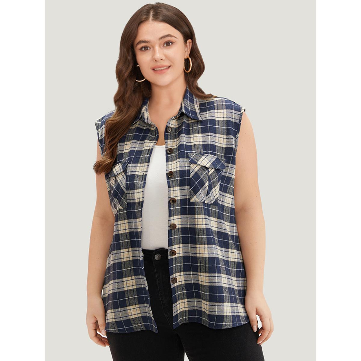 Plus Size Plaid Flap Pocket Button Up Sleeveless Jacket Women Aegean Casual Button Ladies Dailywear Winter Coats BloomChic 28/5X Product Image