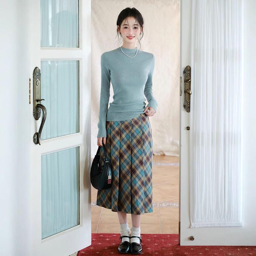 Long-Sleeve Mock Neck Plain Knit Top / V-Neck Cardigan / High Waist Plaid Pleated Midi A-Line Skirt / Set Product Image