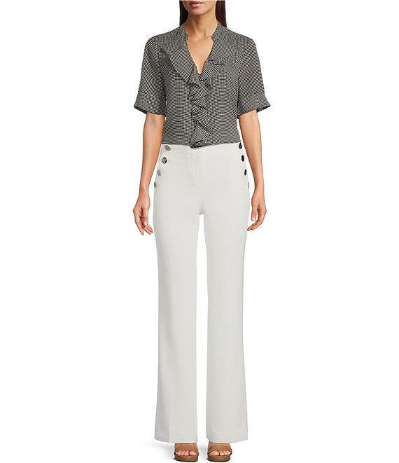 KARL LAGERFELD PARIS Short Sleeve Ruffle Front V-Neck Print Blouse Product Image