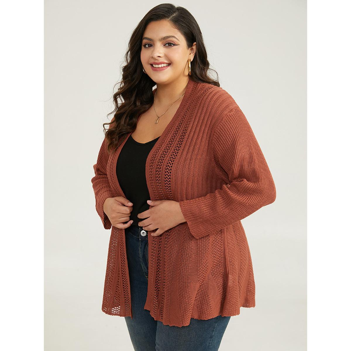 Plus Size Plain Hollow Out Drop Shoulder Open Front Cardigan Chocolate Women Casual Loose Long Sleeve Everyday Cardigans BloomChic 12/L Product Image