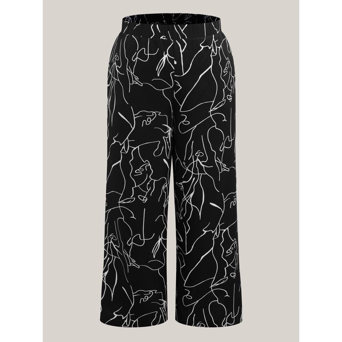 Plus Size Abstract Print Flowy Wide-Leg Pants Women Black Elegant Wide Leg Mid Rise Everyday-Elegant Pants BloomChic 14-16/1X Product Image