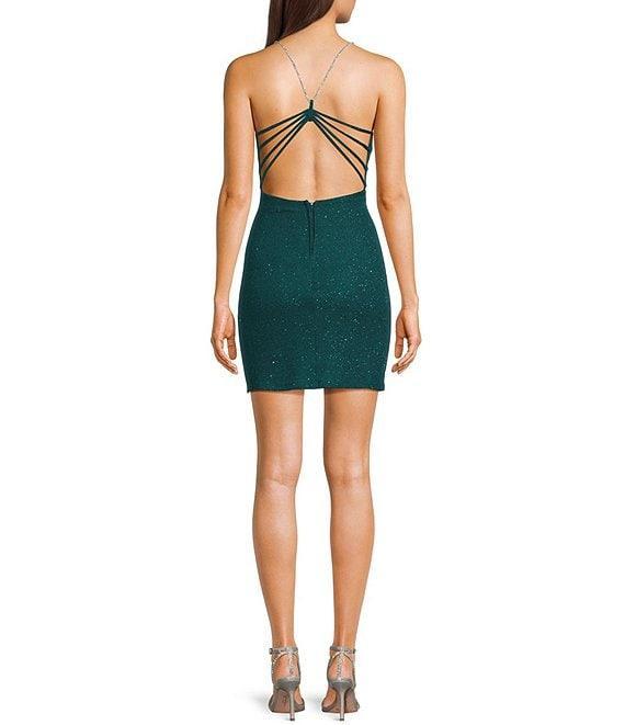 Midnight Doll Glitter Knit V-Neck Rhinestone Strap Side Slit Mini Dress Product Image