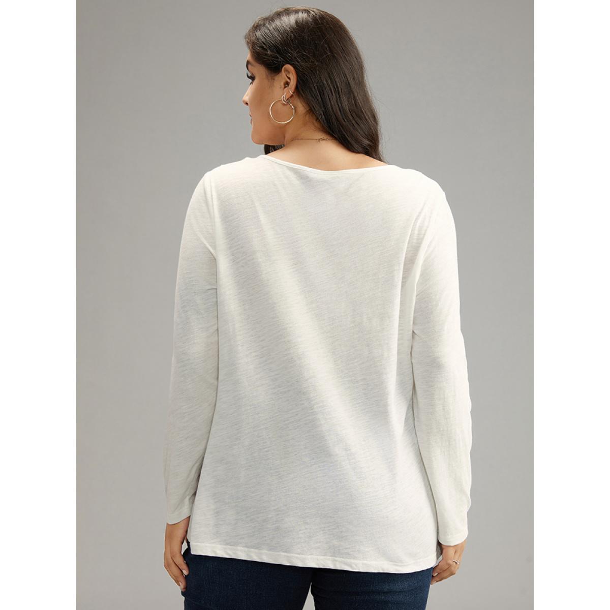 Plus Size Cotton Solid Button Up Crew Neck T-shirt White Women Casual Plain Plain Open Front Dailywear T-shirts BloomChic 18-20/2X Product Image