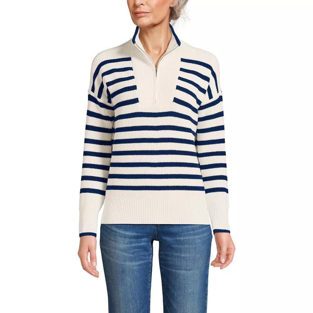 Petite Lands' End Drifter Quarter-Zip Pullover Sweater, Women's, Size: Large Petite, Ivory Navy Stripe Product Image