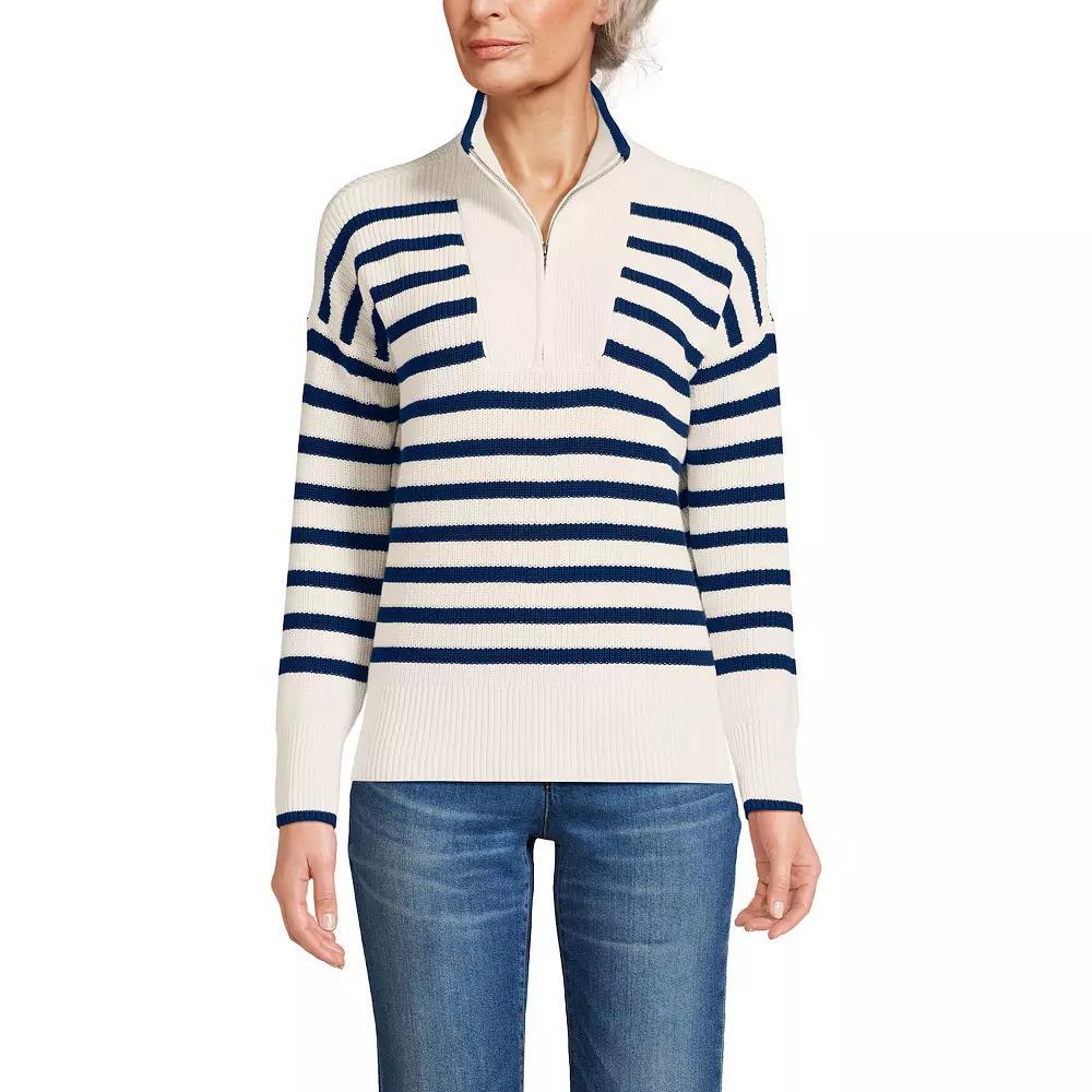 Petite Lands' End Drifter Quarter-Zip Pullover Sweater, Women's, Size: Large Petite, Ivory Navy Stripe Product Image