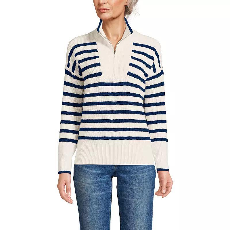 Petite Lands' End Drifter Quarter-Zip Pullover Sweater, Women's, Size: Large Petite, Ivory Navy Stripe Product Image