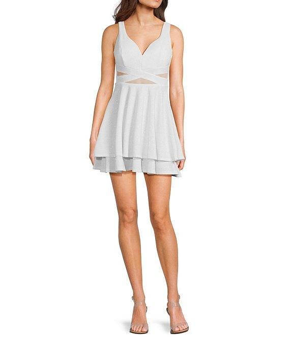 Honey and Rosie Wide Strap V-Neck Fit & Flare Double Hem Glitter Dress Product Image