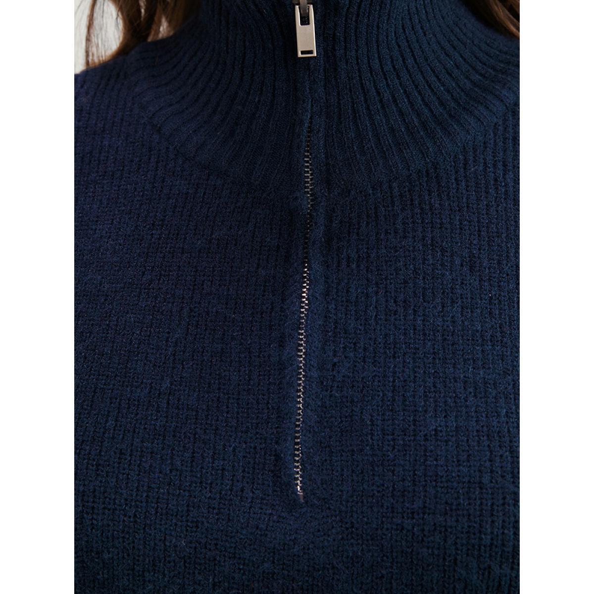 Plus Size Solid Super Soft Plush Knit Zip Neck Knit Top DarkBlue Women Casual Loose Long Sleeve Lapel Collar Dailywear Pullovers BloomChic 14-16/1X Product Image