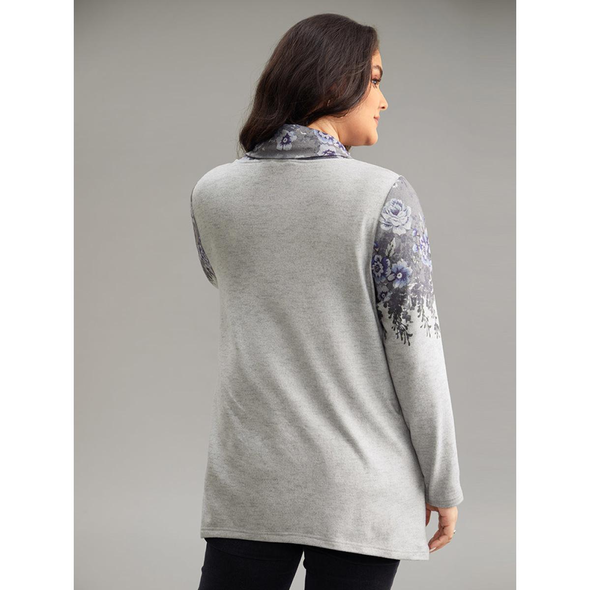 Plus Size Boho Print Mock Neck T-shirt Gray Women Casual Plain Floral Mock Neck Dailywear T-shirts BloomChic 14-16/1X Product Image