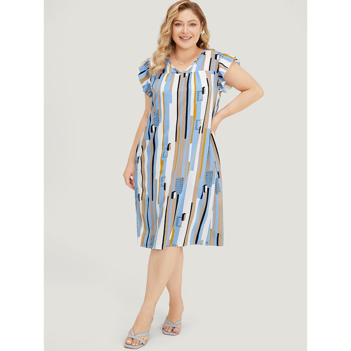 Plus Size Geometric Print V Neck Pocket Flutter Cap Sleeve Midi Dress Multicolor Women Elegant Ruffles V-neck Cap Sleeve Curvy Knee Dress BloomChic 22-24/3X Product Image