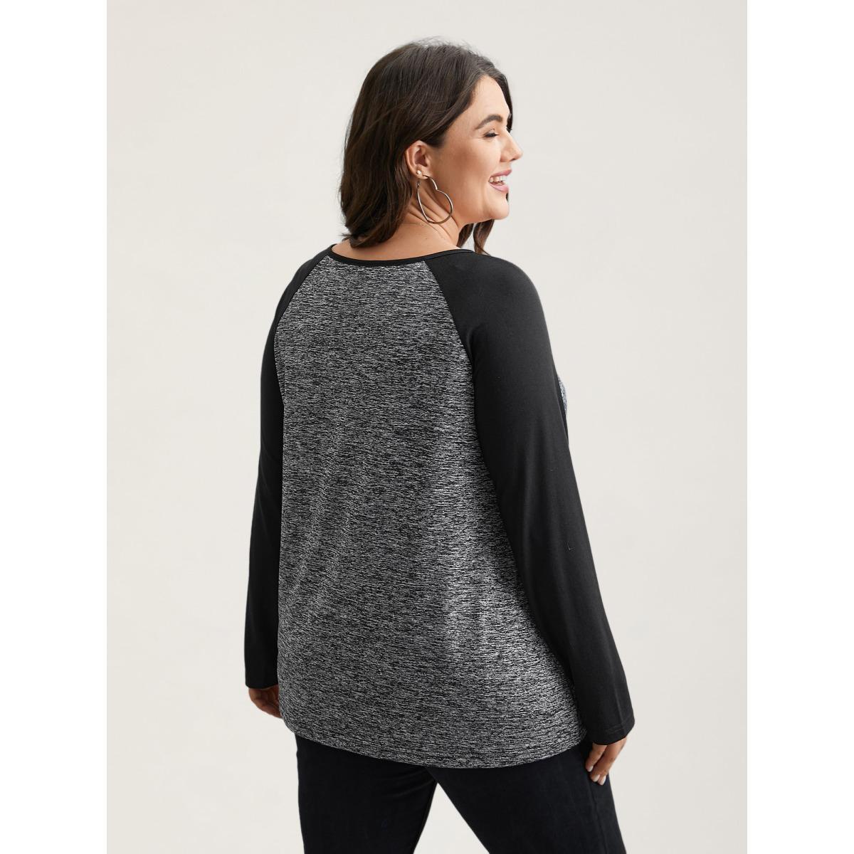 Plus Size Heather Patchwork Button Detail Stretchy T-Shirt DarkGray Women Casual Contrast Flat collar with V-notch Everyday T-shirts BloomChic 14-16/1X Product Image