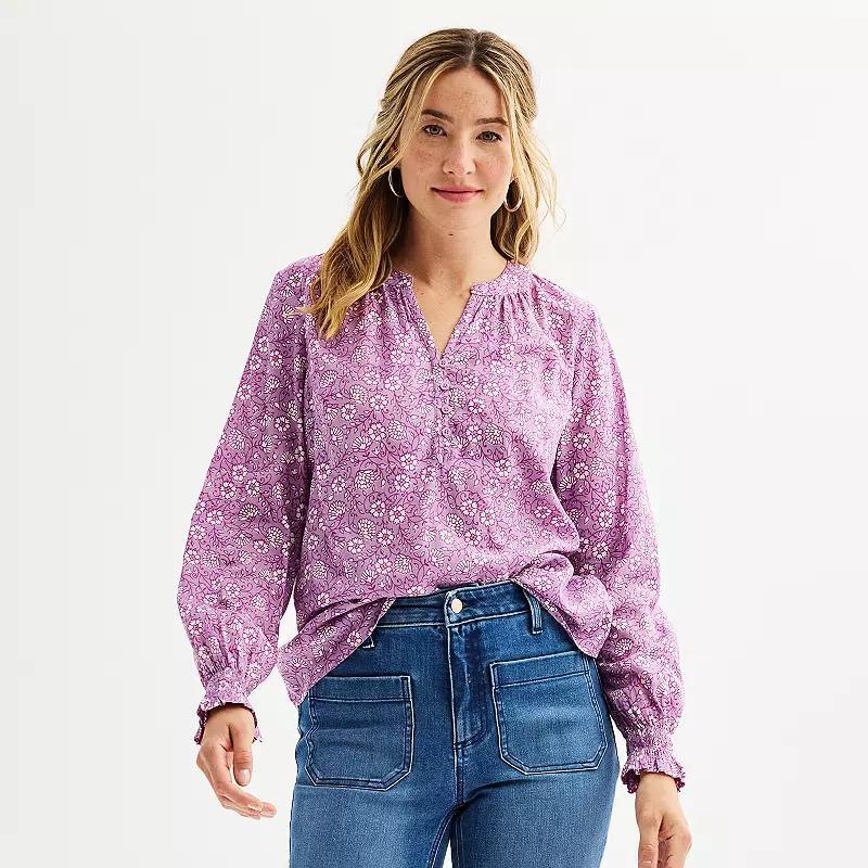 Womens Sonoma Goods For Life Smocked Wrist Popover Navy Pink Floral Product Image